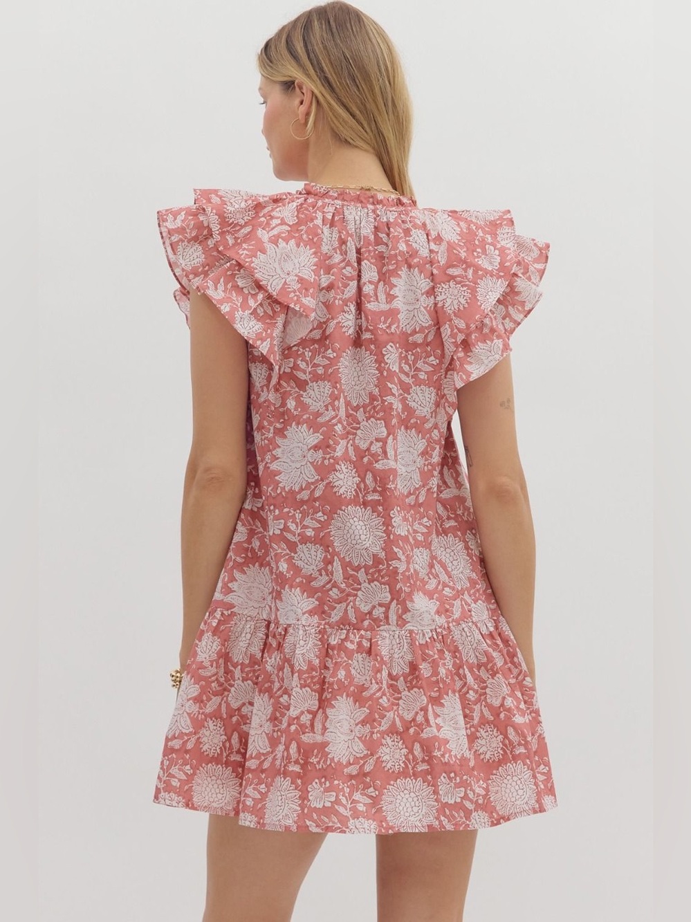 Entro Ruffle Sleeve Tiered Floral Pink Mini Dress with Pockets size Large - Picture 2 of 9